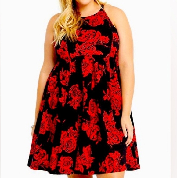 Torrid Red Black Floral Pond Skater Dress 18 2x nwt New - Picture 1 of 9